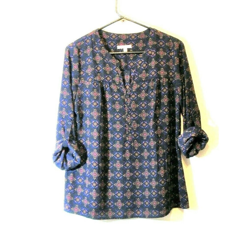 Womens Roll Tab Sleeve Top Small Dark Blue Lightweight Allover Print Skies Are